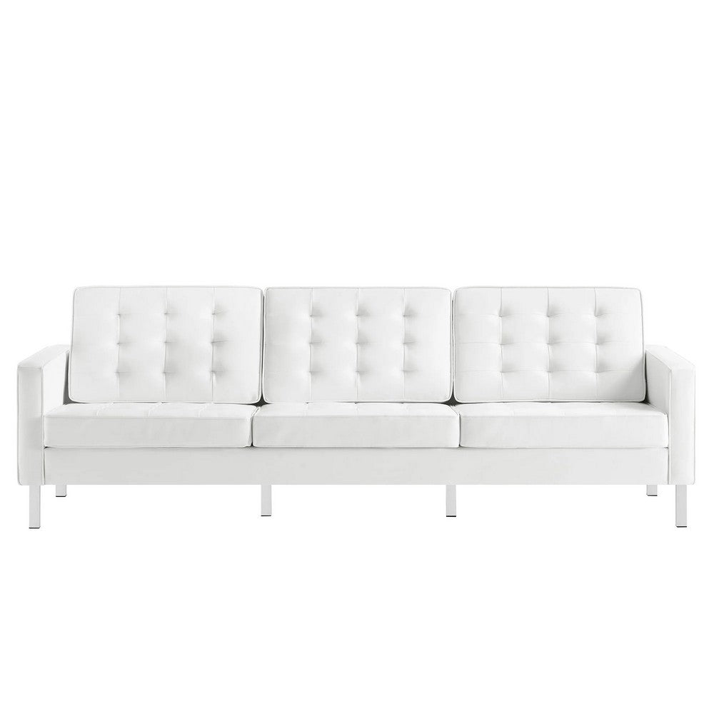 Modway Loft Tufted Button Faux Leather Upholstered Sofa in Silver White
