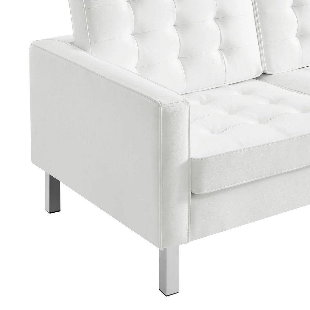Modway Loft Tufted Button Faux Leather Upholstered Sofa in Silver White