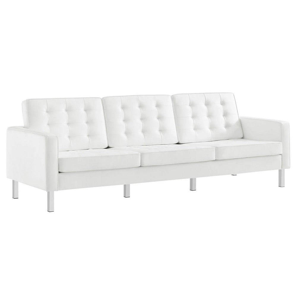Modway Loft Tufted Button Faux Leather Upholstered Sofa in Silver White