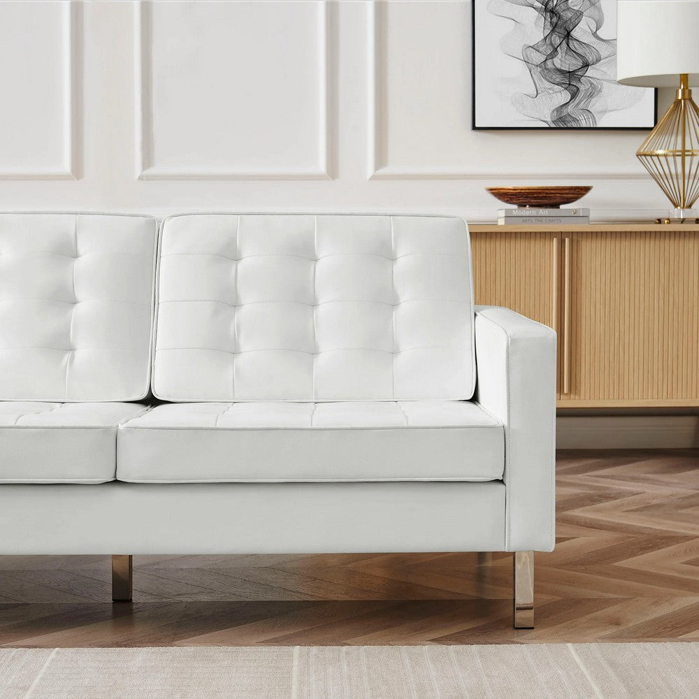 Modway Loft Tufted Button Faux Leather Upholstered Sofa in Silver White