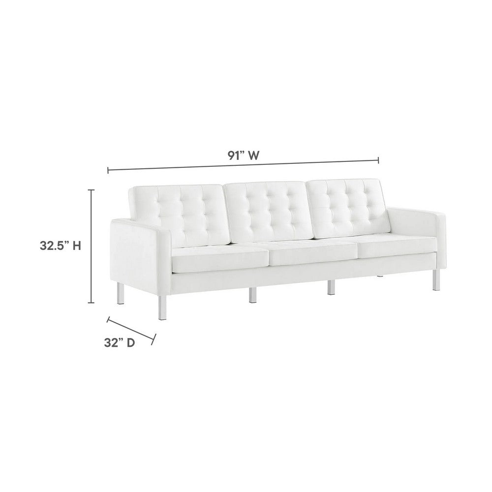Modway Loft Tufted Button Faux Leather Upholstered Sofa in Silver White