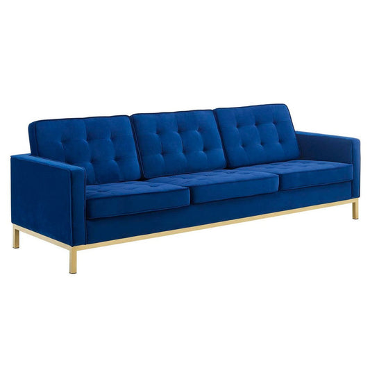 Modway Loft Tufted Button Performance Velvet Upholstered Sofa in Gold Navy