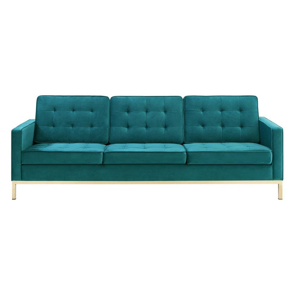 Modway Loft Tufted Button Performance Velvet Upholstered Sofa in Gold Teal MDY-EEI-3387-GLD-TEA