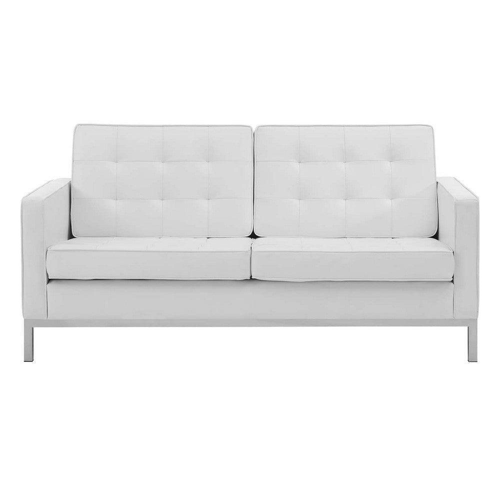 Modway Loft Tufted Button Faux Leather Upholstered Loveseat in Silver White MDY-EEI-3388-SLV-WHI