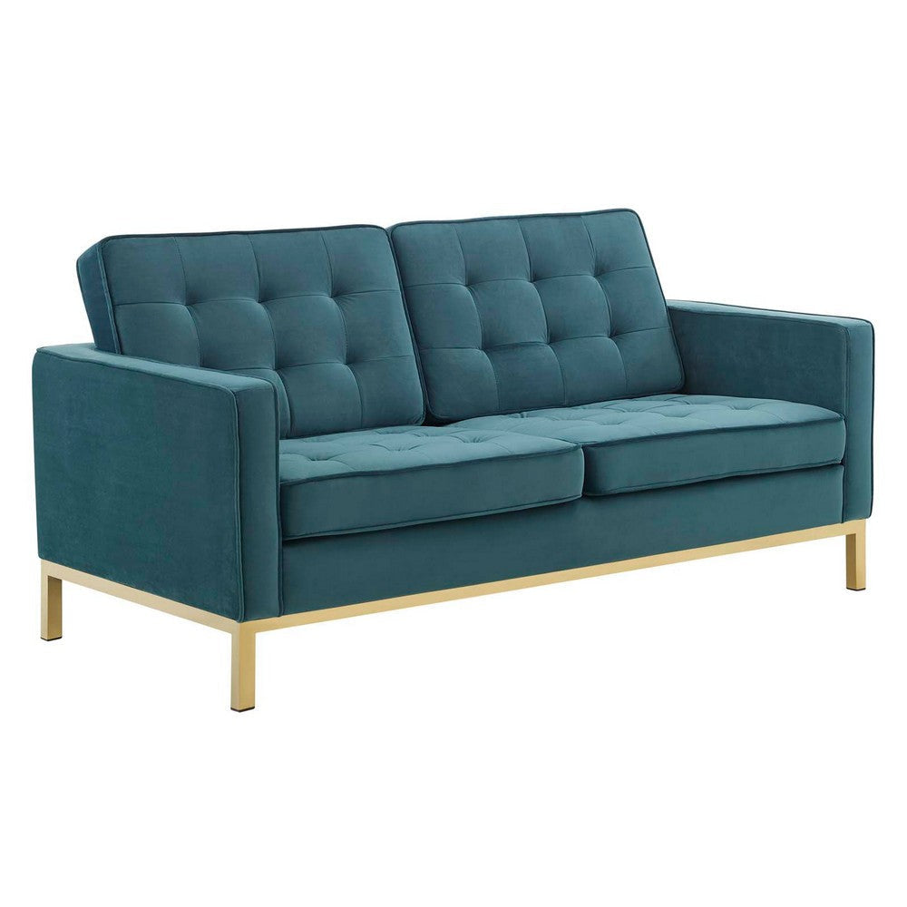 Modway Loft Tufted Button Performance Velvet Upholstered Loveseat in Gold Teal