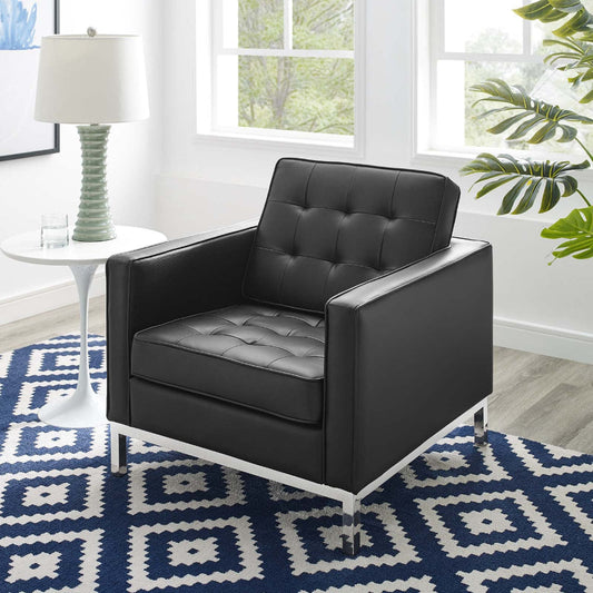 Modway Loft Tufted Button Faux Leather Upholstered Accent Armchair in Silver Black