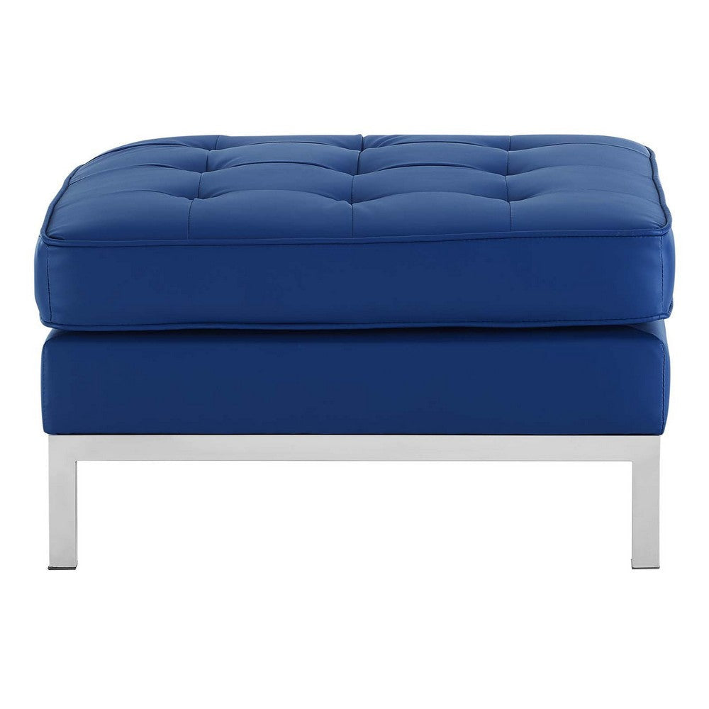 Modway EEI-3394 Loft Tufted Button Faux Leather Upholstered Square Ottoman in Silver Navy MDY-EEI-3394-SLV-NAV