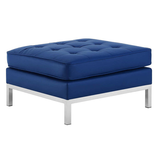 Modway EEI-3394 Loft Tufted Button Faux Leather Upholstered Square Ottoman in Silver Navy