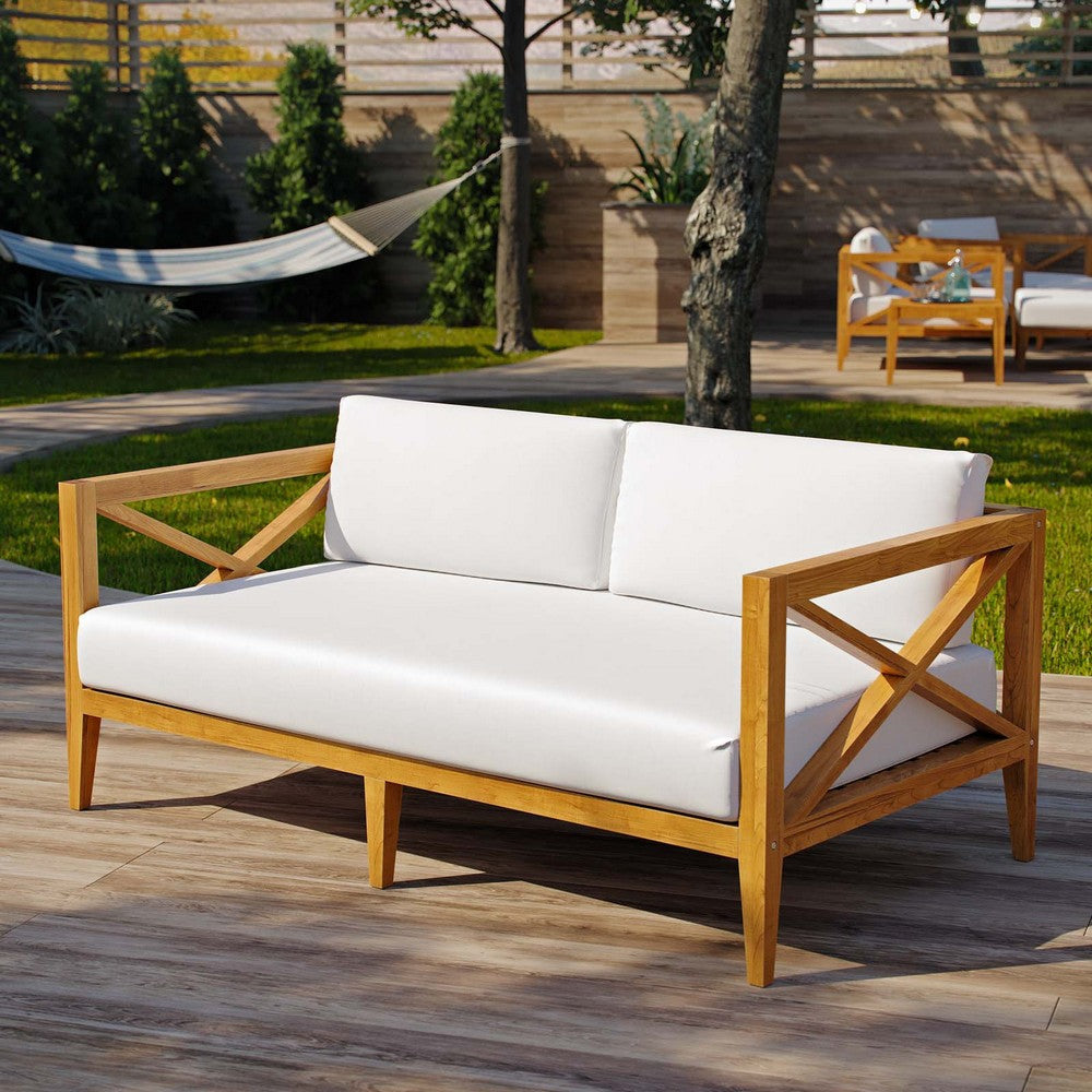 Modway EEI-3427-NAT-WHI Northlake Outdoor Patio Premium Grade A Teak Sofa Couch With Sunproof Cushions Natural White MDY-EEI-3427-NAT-WHI