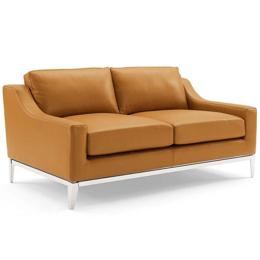 Modway Harness 64" Leather Loveseat in Tan with Stainless Steel Base