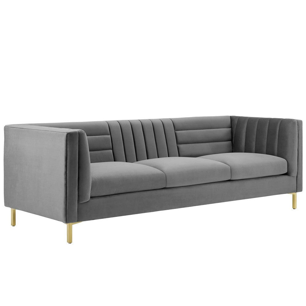 Modway Ingenuity Channel Tufted Performance Velvet Sofa with Gold Stainless Steel Legs in Gray MDY-EEI-3454-GRY