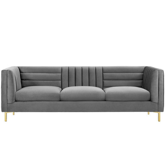 Modway Ingenuity Channel Tufted Performance Velvet Sofa with Gold Stainless Steel Legs in Gray