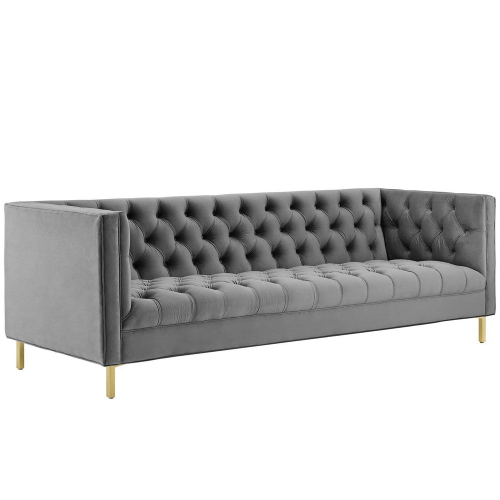 Modway Delight Tufted Button Performance Velvet Tuxedo Sofa with Gold Stainless Steel Legs in Gray MDY-EEI-3455-GRY