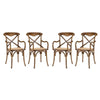 Modway Gear Rustic Modern Farmhouse Elm Wood Rattan Four Dining Armchairs in Walnut
