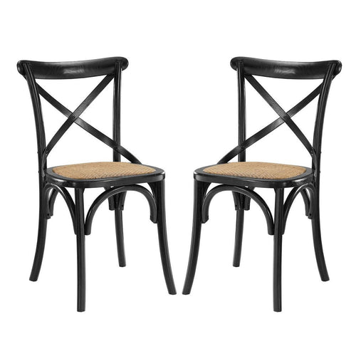 Modway Gear Rustic Modern Farmhouse Elm Wood Rattan Two Dining Chairs in Black