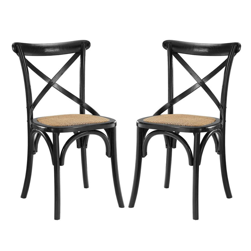 Modway Gear Rustic Modern Farmhouse Elm Wood Rattan Two Dining Chairs in Black