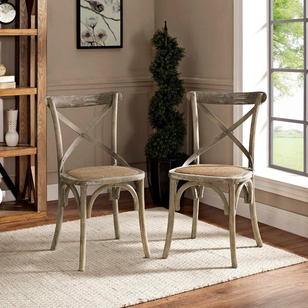 Modway Gear Rustic Modern Farmhouse Elm Wood Rattan Two Dining Chairs in Gray