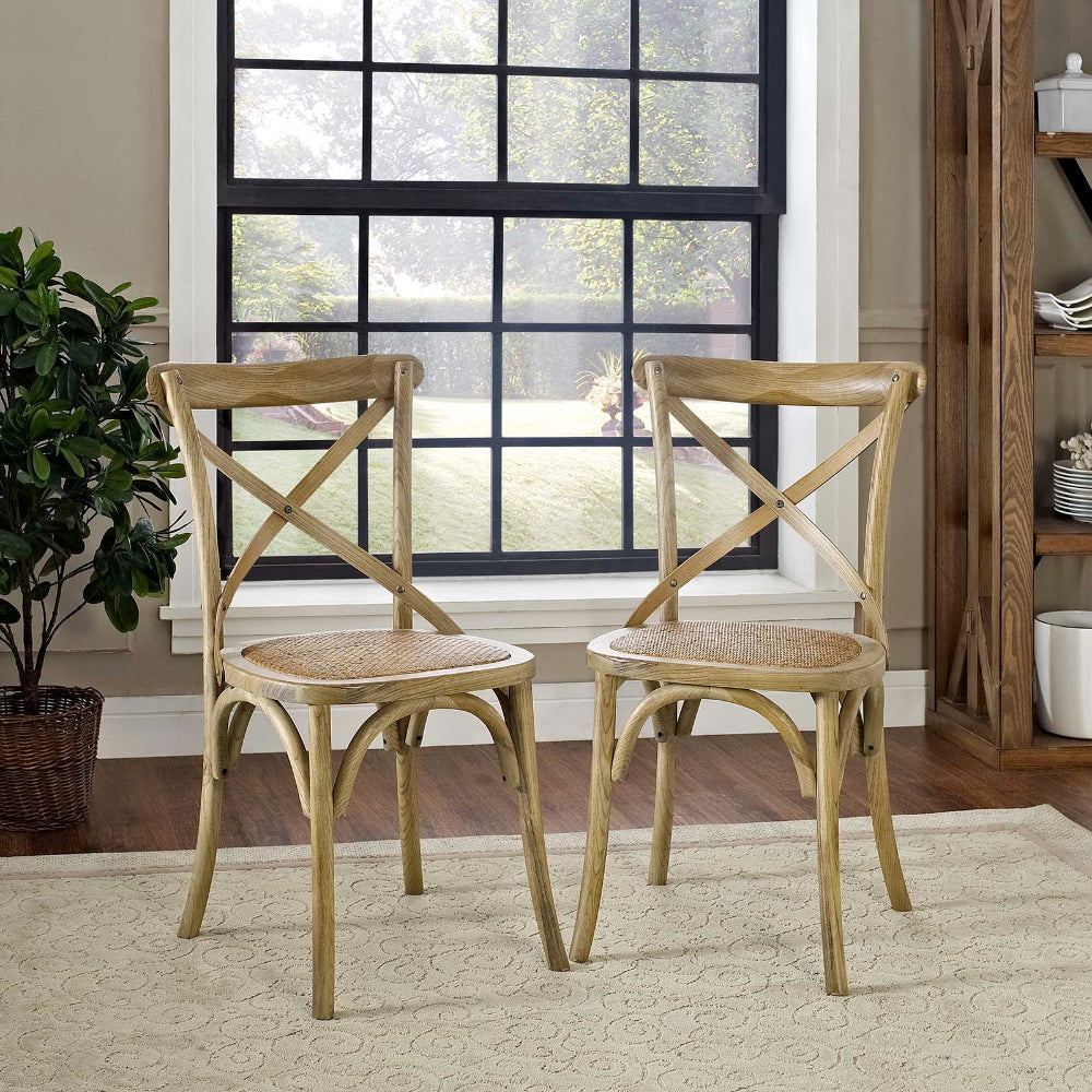 Modway Gear Rustic Modern Farmhouse Elm Wood Rattan Two Dining Chairs in Natural MDY-EEI-3481-NAT