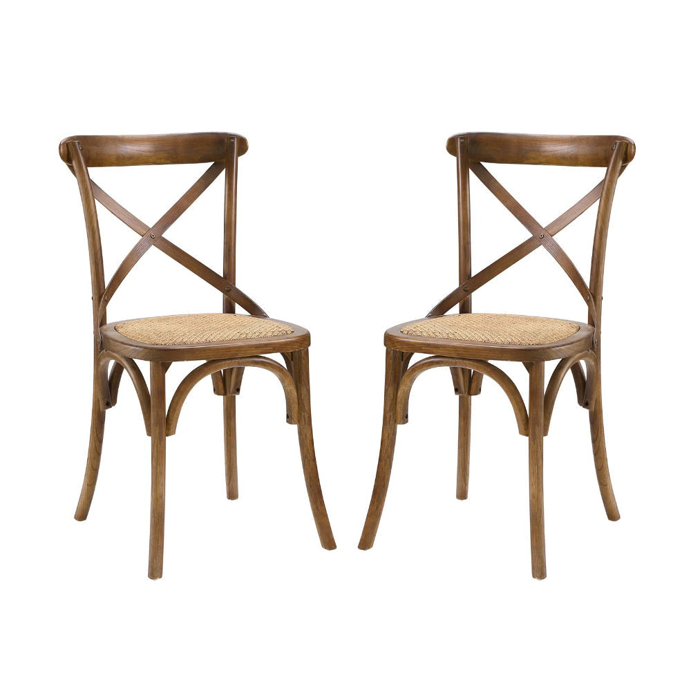 Modway Gear Rustic Modern Farmhouse Elm Wood Rattan Two Dining Chairs in Walnut