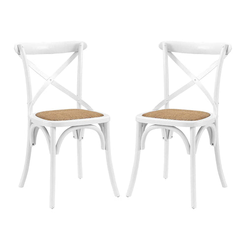 Modway Gear Rustic Modern Farmhouse Elm Wood Rattan Two Dining Chairs in White