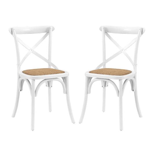 Modway Gear Rustic Modern Farmhouse Elm Wood Rattan Two Dining Chairs in White