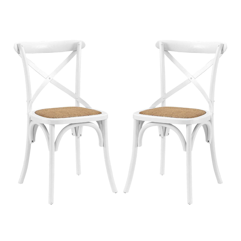 Modway Gear Rustic Modern Farmhouse Elm Wood Rattan Two Dining Chairs in White