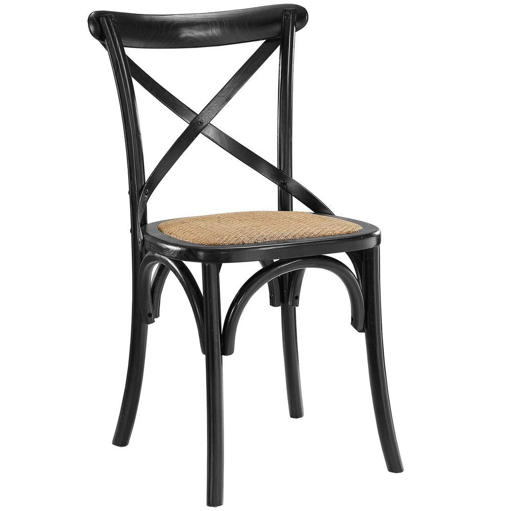 Modway Gear Rustic Modern Farmhouse Elm Wood Rattan Four Dining Chairs in Black MDY-EEI-3482-BLK