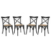 Modway Gear Rustic Modern Farmhouse Elm Wood Rattan Four Dining Chairs in Black