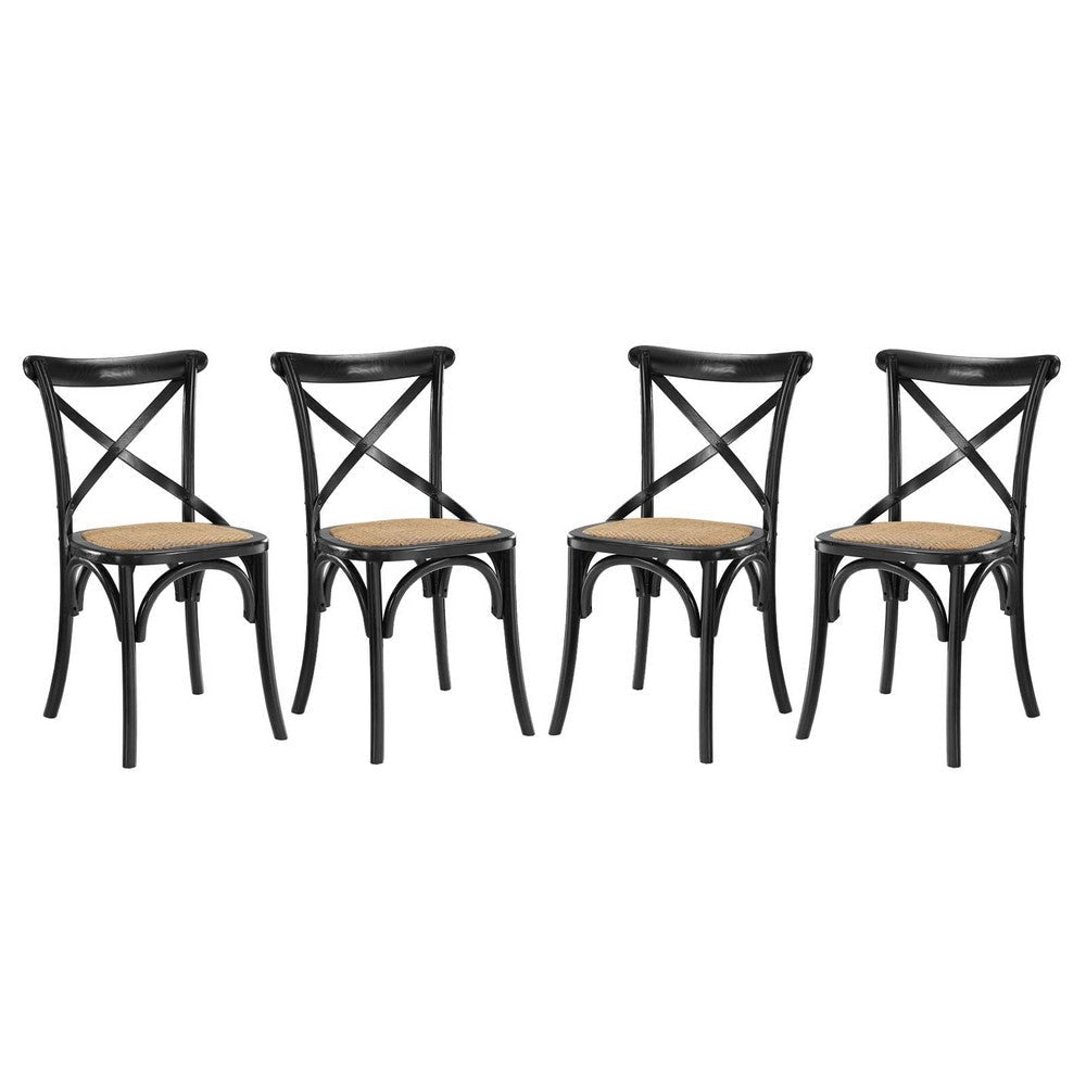 Modway Gear Rustic Modern Farmhouse Elm Wood Rattan Four Dining Chairs in Black