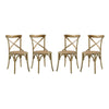 Modway Gear Rustic Modern Farmhouse Elm Wood Rattan Four Dining Chairs in Natural