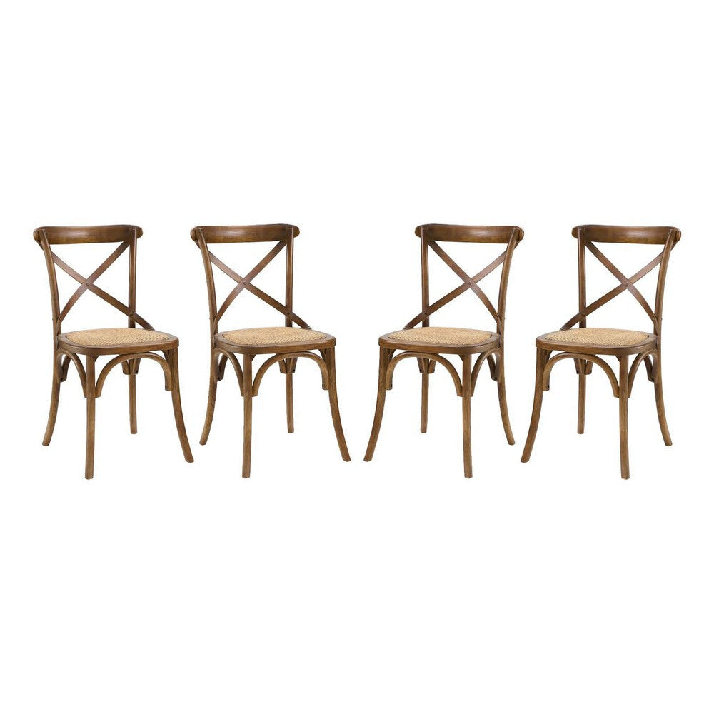 Modway Gear Rustic Modern Farmhouse Elm Wood Rattan Four Dining Chairs in Walnut