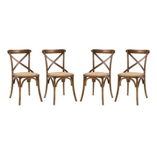 Modway Gear Rustic Modern Farmhouse Elm Wood Rattan Four Dining Chairs in Walnut