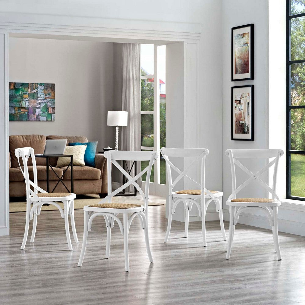 Modway Gear Rustic Modern Farmhouse Elm Wood Rattan Four Dining Chairs in White MDY-EEI-3482-WHI