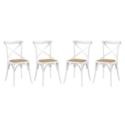 Modway Gear Rustic Modern Farmhouse Elm Wood Rattan Four Dining Chairs in White