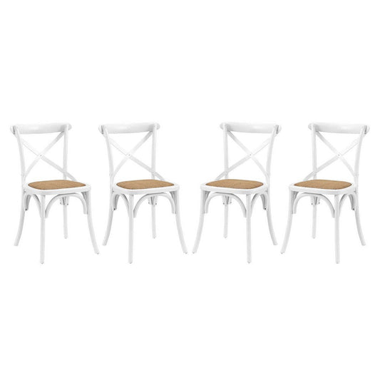 Modway Gear Rustic Modern Farmhouse Elm Wood Rattan Four Dining Chairs in White