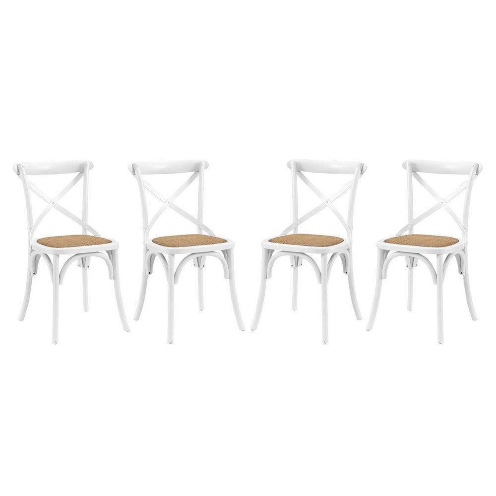 Modway Gear Rustic Modern Farmhouse Elm Wood Rattan Four Dining Chairs in White