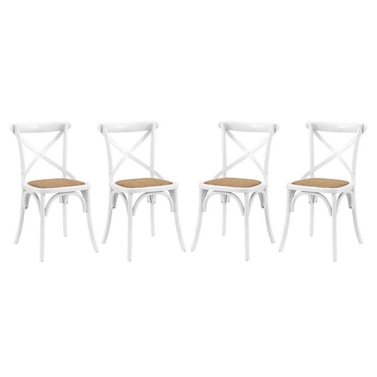 Modway Gear Rustic Modern Farmhouse Elm Wood Rattan Four Dining Chairs in White