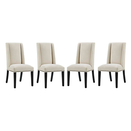 Modway Baron Modern Tall Back Wood Upholstered Fabric Four Dining Chairs in Beige