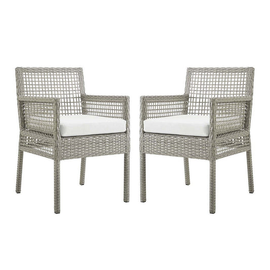 Modway Aura Wicker Rattan Outdoor Patio Two Dining Arm Chairs in Gray White