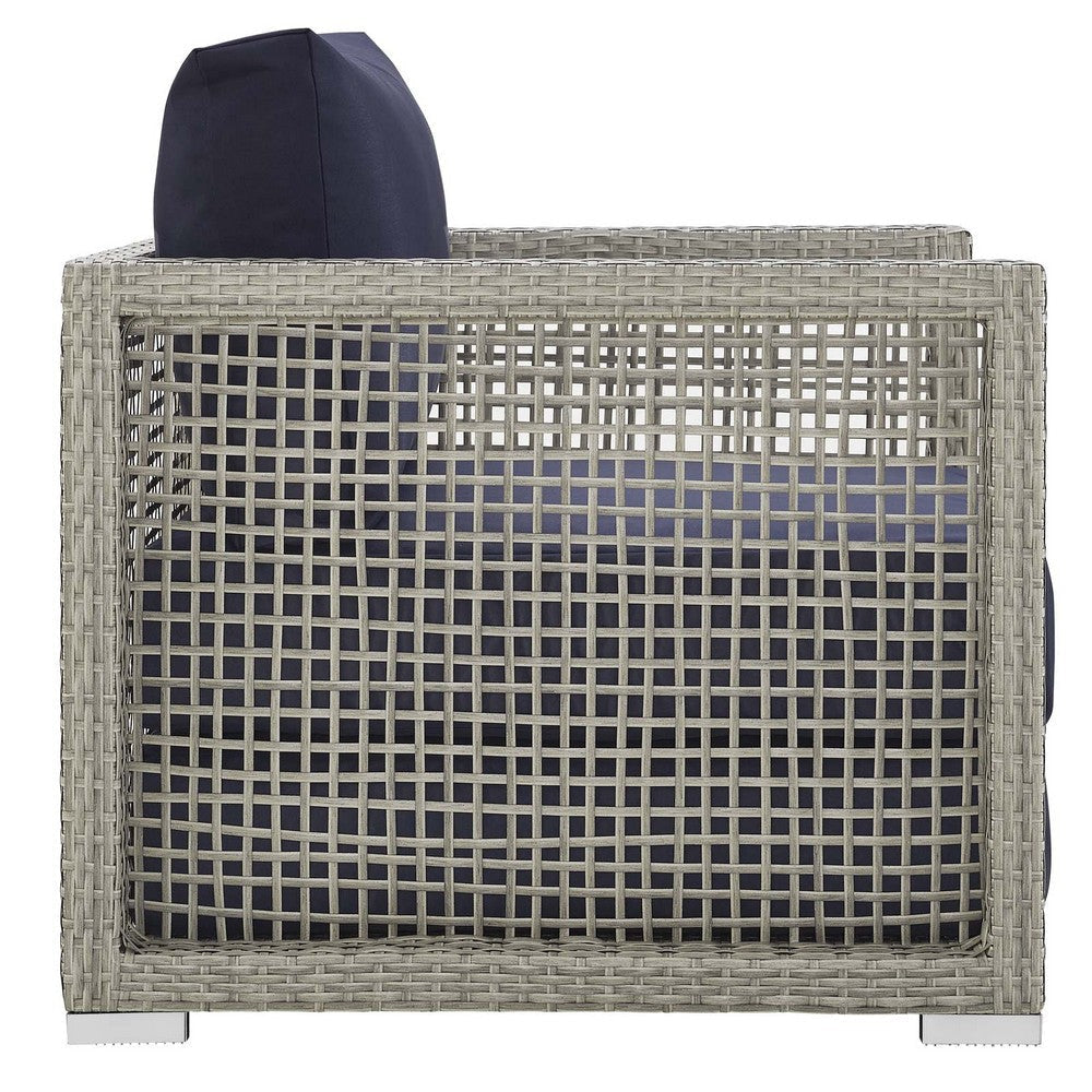 Modway Aura Outdoor Patio Wicker Rattan Side Table and Two Armchairs Gray Navy MDY-EEI-3595-GRY-NAV-SET