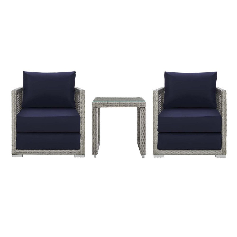 Modway Aura Outdoor Patio Wicker Rattan, Side Table and Two Armchairs, Gray Navy