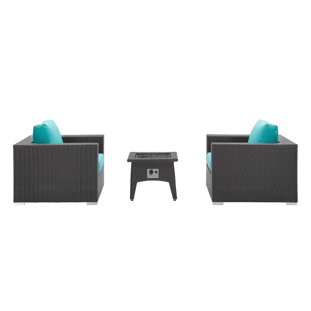 Modway EEI-3727-EXP-TRQ-SET Convene Wicker Rattan Outdoor Patio Two Armchairs with Fire Pit Espresso Turquoise MDY-EEI-3727-EXP-TRQ-SET