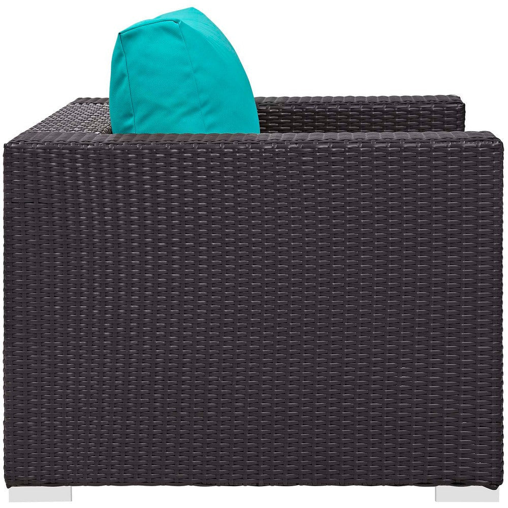 Modway EEI-3727-EXP-TRQ-SET Convene Wicker Rattan Outdoor Patio Two Armchairs with Fire Pit Espresso Turquoise MDY-EEI-3727-EXP-TRQ-SET