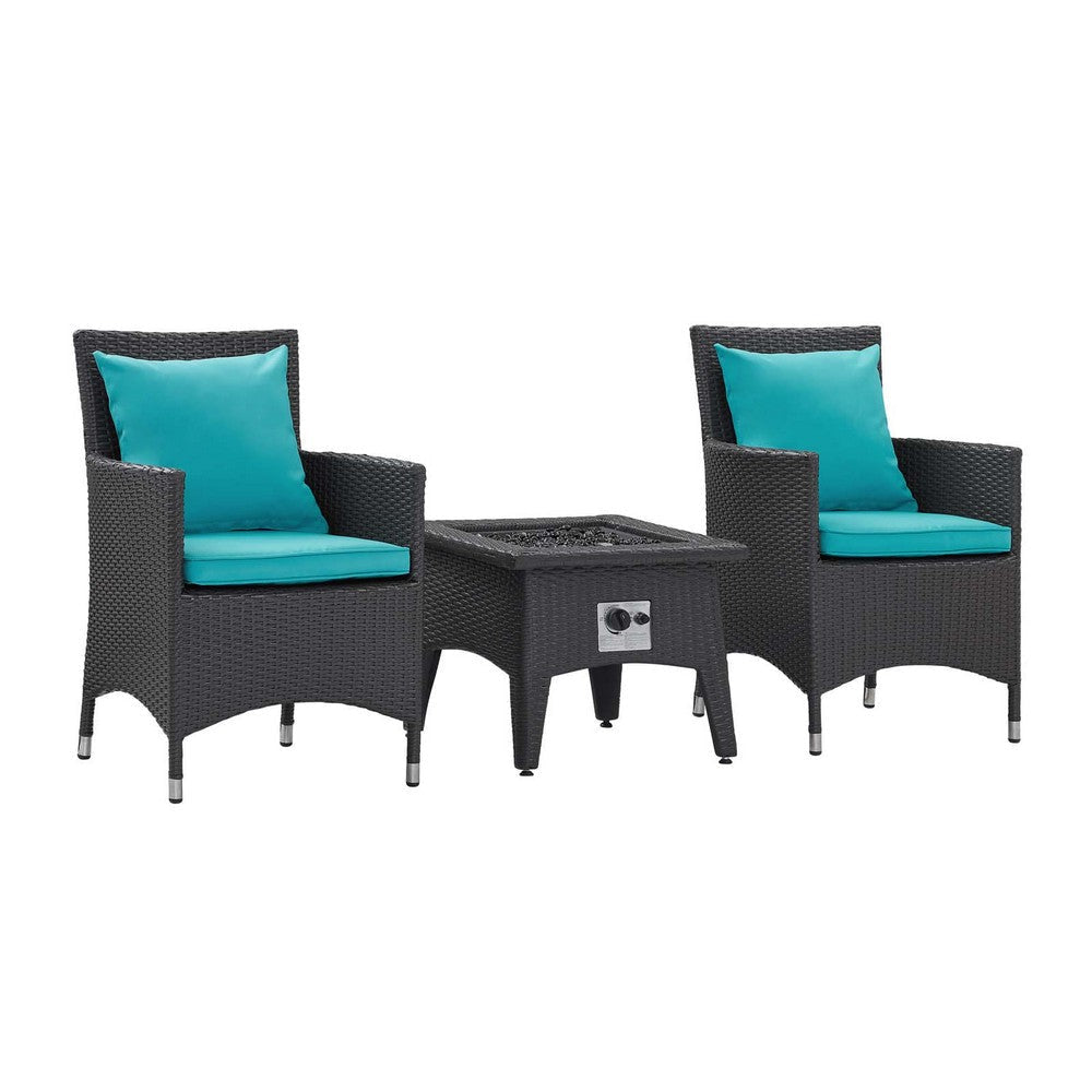 Modway Convene Wicker Rattan 5-Piece Set Outdoor Patio with Fire Pit in Espresso Turquoise