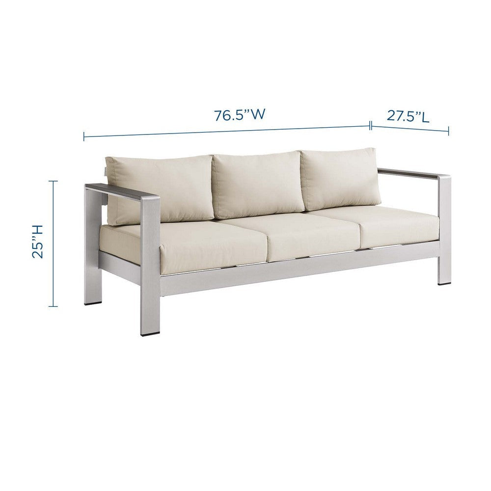 Modway Shore Aluminum Metal Outdoor Patio Sofa With Silver Beige All-Weather Cushions MDY-EEI-3917-SLV-BEI