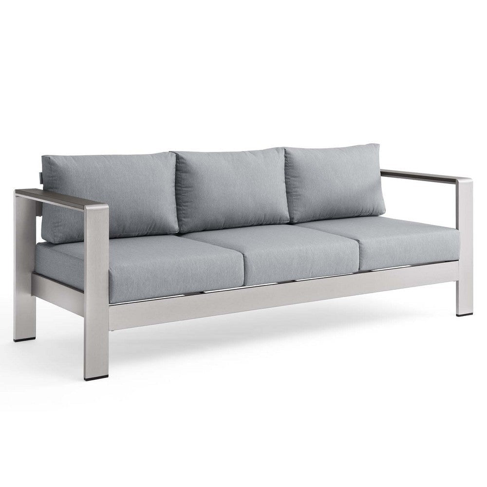 Modway Shore Aluminum Metal Outdoor Patio Sofa With Silver Gray All-Weather Cushions