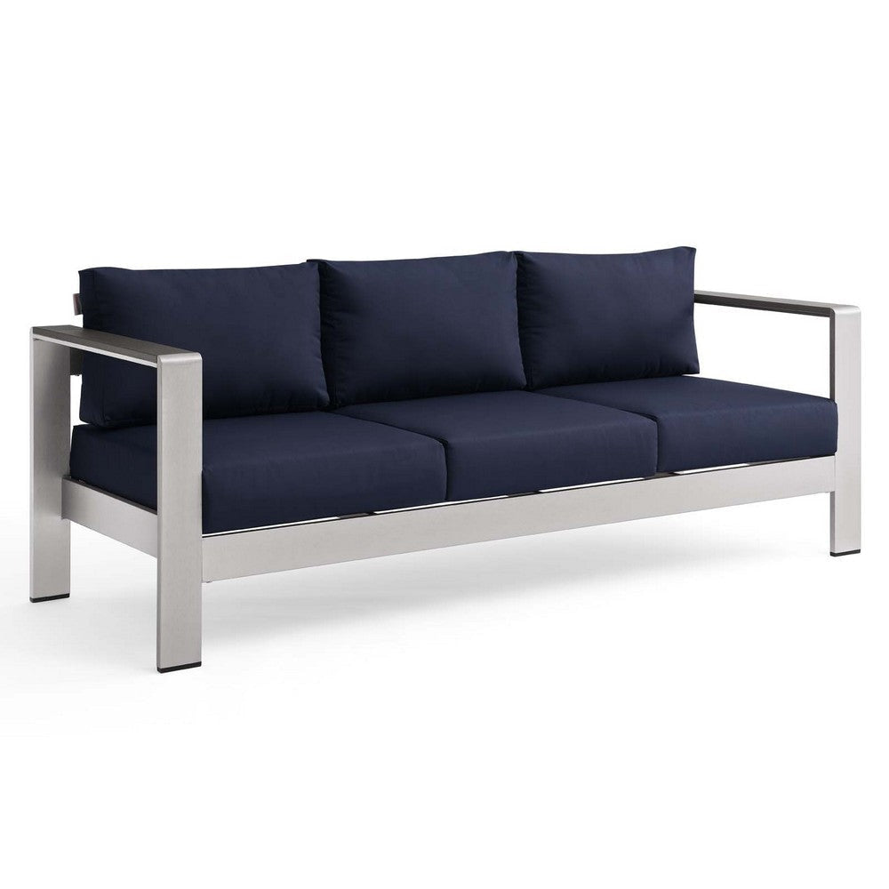 Modway Shore Aluminum Metal Outdoor Patio Sofa With Silver Navy All-Weather Cushions