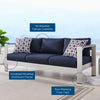 Modway Shore Aluminum Metal Outdoor Patio Sofa With Silver Navy All-Weather Cushions MDY-EEI-3917-SLV-NAV