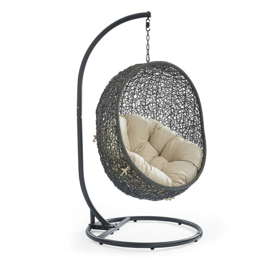 Modway Hide Wicker Rattan Sunbrella® Outdoor Patio Porch Lounge Egg Swing Chair Set with Stand in Gray Beige