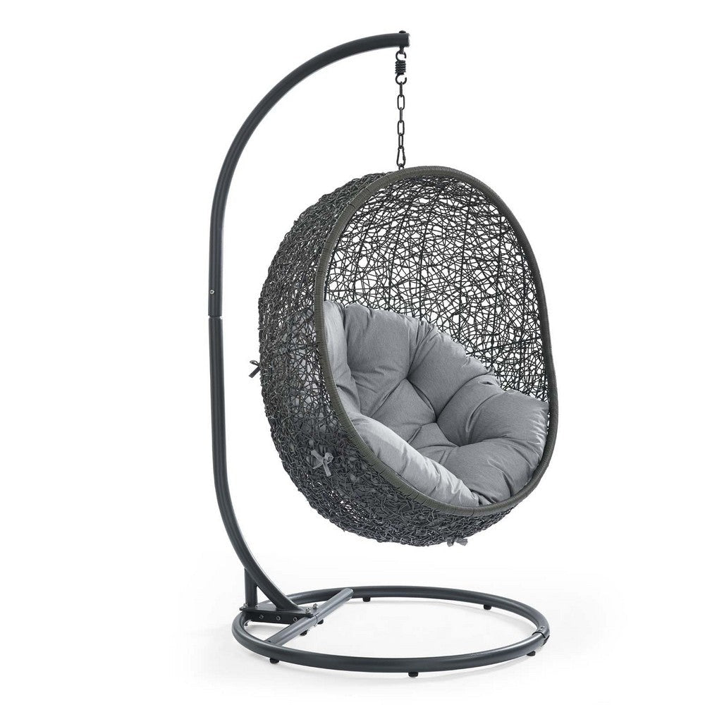 Modway Hide Wicker Rattan Sunbrella® Outdoor Patio Porch Lounge Egg Swing Chair Set with Stand in Gray Gray